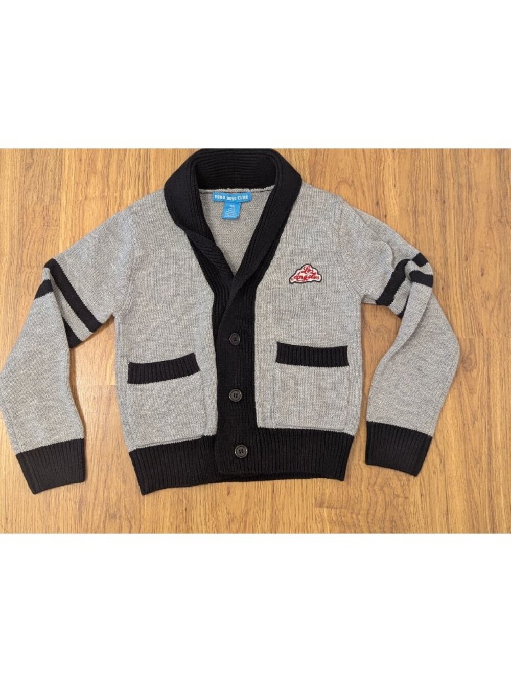Soho Boys Club Gray & Black Button-Up Knit Cardigan With Los Angeles Patch Strip